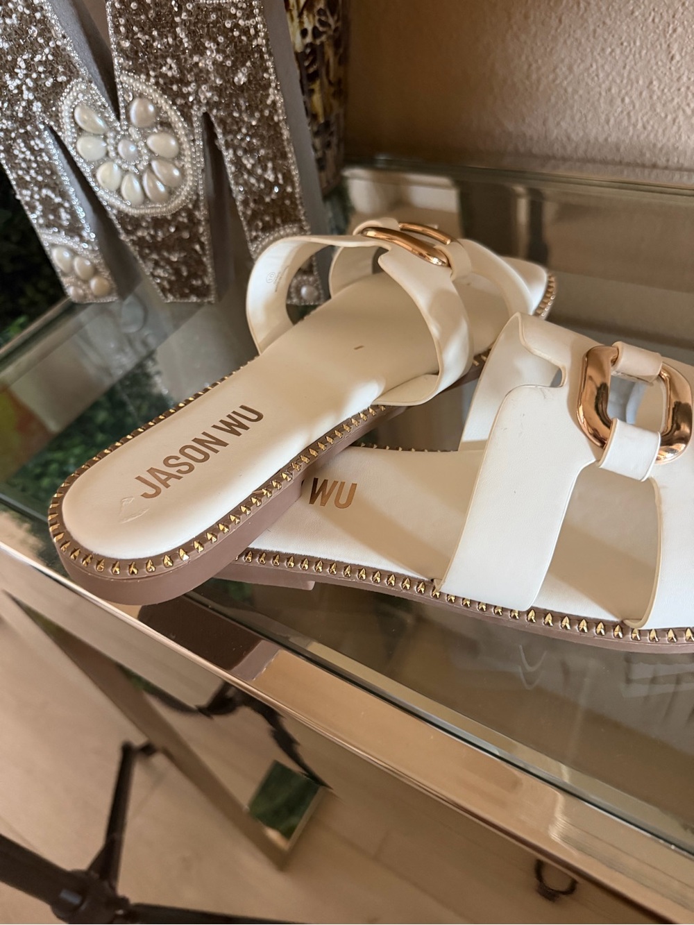 Jason Wu Cream Slip-On Sandals with Gold Buckle Detail